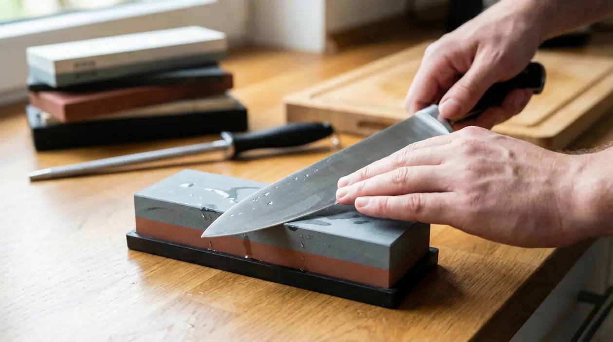 Persona che affila un coltello con una pietra per affilare su un piano di lavoro in legno