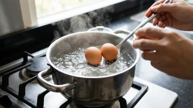 Due uova vengono immerse in una pentola di acqua bollente su un fornello da cucina
