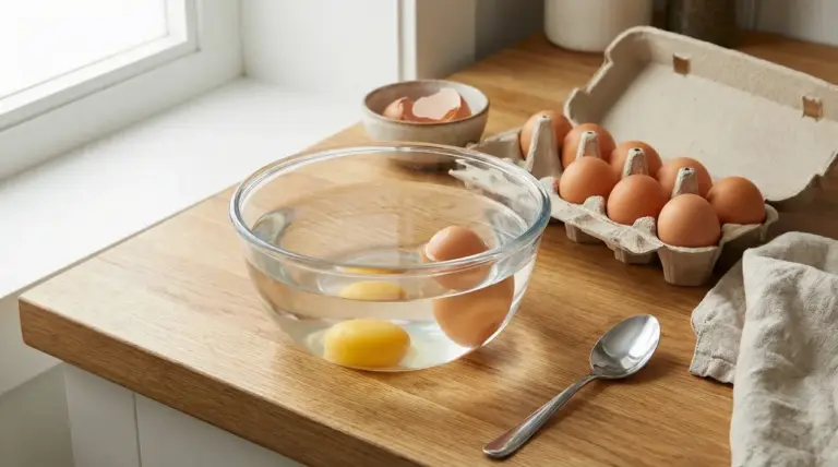 Ciotola di vetro con uova immerse in acqua su un piano da cucina