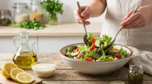 Persona condisce un’insalata mista con olio, limone e salsa leggera in cucina