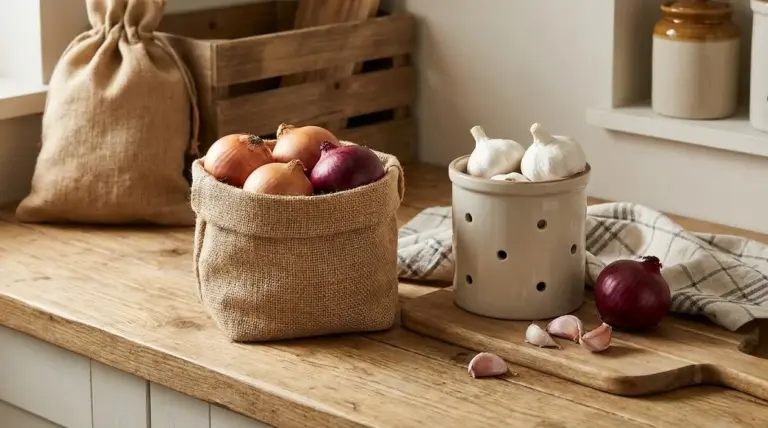 Cipolle in un sacchetto di juta e aglio in un contenitore forato su piano cucina in legno