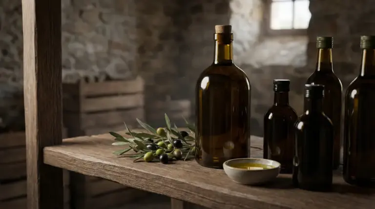 Bottiglie di vetro scuro con olio extravergine di oliva, olive e rametto su un tavolo in legno
