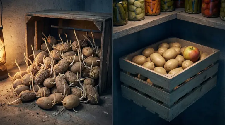 Patate germogliate in una cassetta di legno accanto a patate ben conservate con una mela