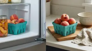 Cestini di pesche fresche conservati in frigorifero e su un piano cucina