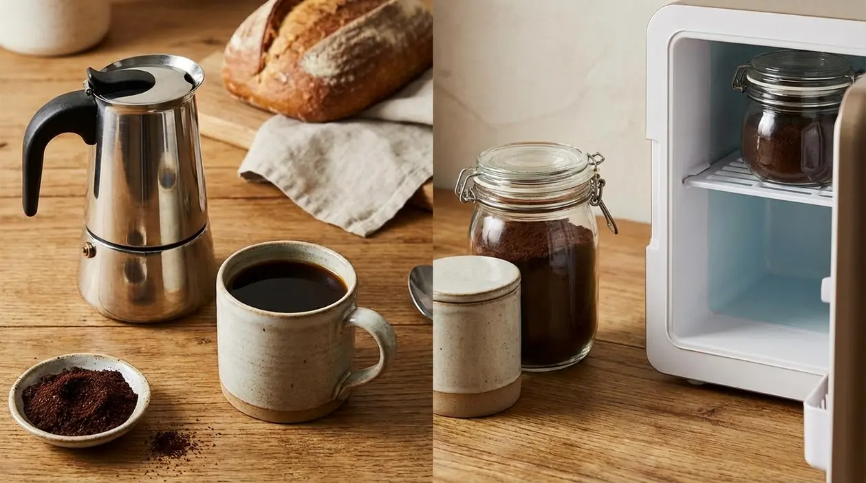 Caffè in moka e barattolo di caffè vicino a un mini frigo, confronto sulla corretta conservazione