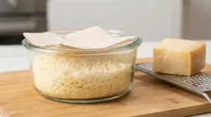 Formaggio grattugiato in un contenitore di vetro con tovagliolo sopra e pezzo di formaggio su grattugia