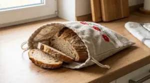 Pagnotta di pane con fette tagliate conservata in un sacchetto di stoffa su un piano cucina