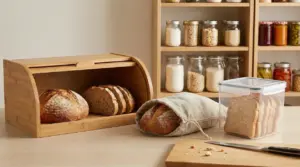 Pane conservato in portapane di legno, sacchetto di stoffa e contenitore ermetico su un piano cucina