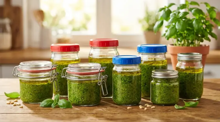 Barattoli di vetro con pesto fatto in casa su un tavolo, con basilico fresco sullo sfondo