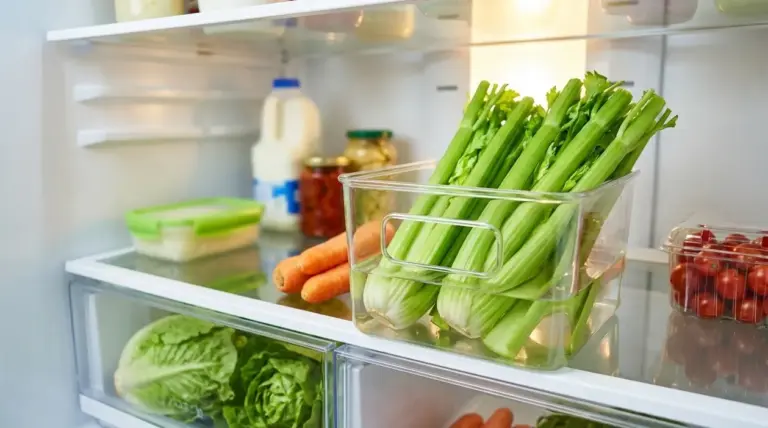 Sedano fresco conservato in un contenitore con acqua nel frigorifero, accanto ad altre verdure