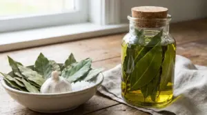 Foglie di alloro in ciotola e in barattolo di vetro, con aglio e sale su un tavolo di legno