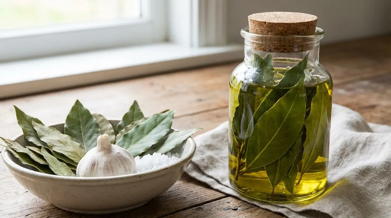 Foglie di alloro in ciotola e in barattolo di vetro, con aglio e sale su un tavolo di legno