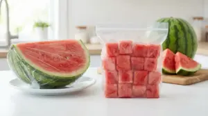 Mezza anguria avvolta nella pellicola e cubetti di anguria in un sacchetto, pronti per frigo e freezer
