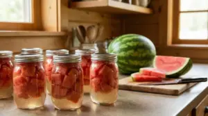 Barattoli di vetro con pezzi di anguria conservata su un piano di cucina accanto a un'anguria intera e fette tagliate
