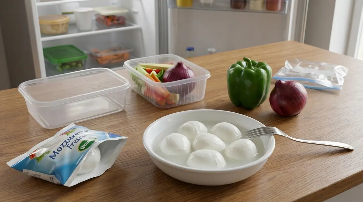 Mozzarella fresca in una ciotola con liquido di governo su un tavolo, vicino a contenitori per conservarla in frigorifero