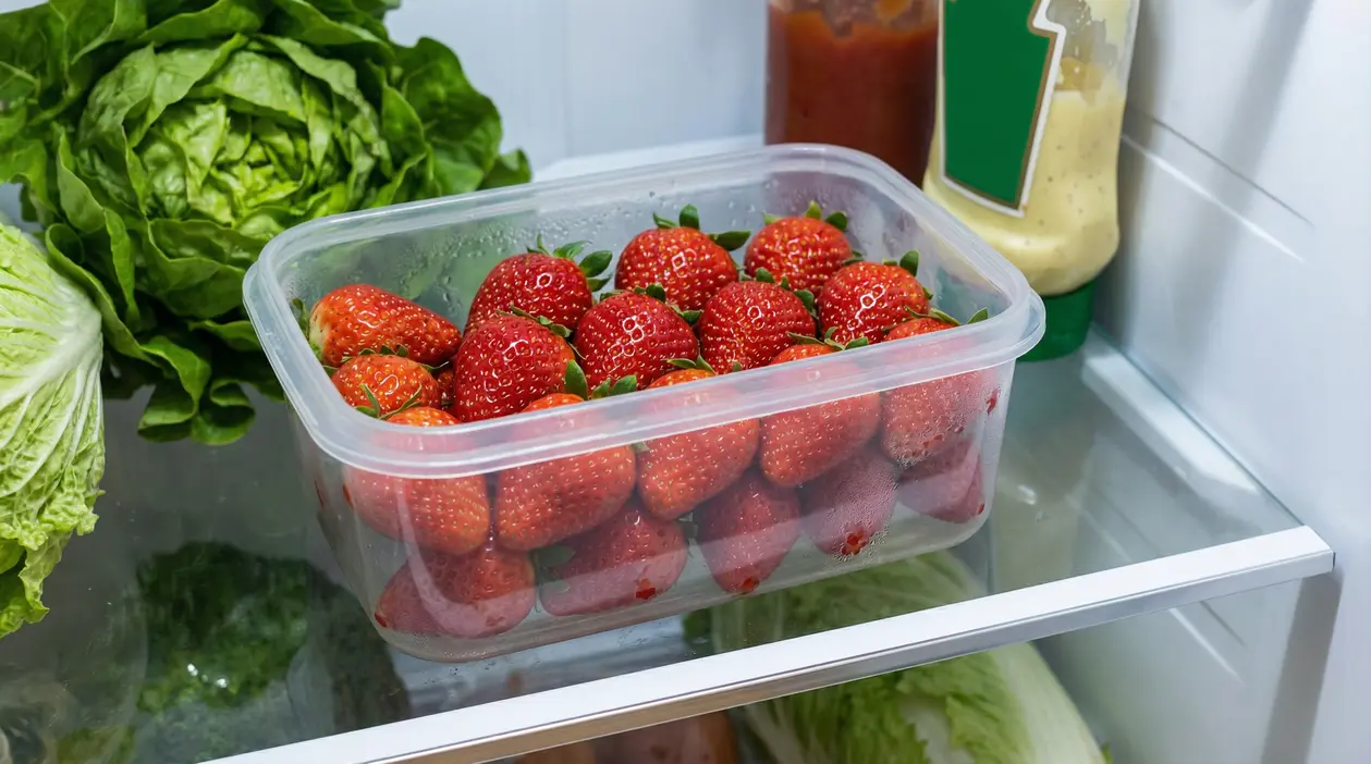 Fragole fresche conservate in un contenitore di plastica dentro il frigorifero