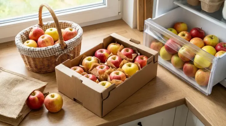 Mele conservate in cestino, scatola e cassetto del frigorifero per mantenerle fresche più a lungo