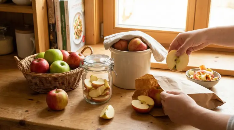 Mele fresche intere e affettate conservate in vari contenitori su un tavolo di cucina
