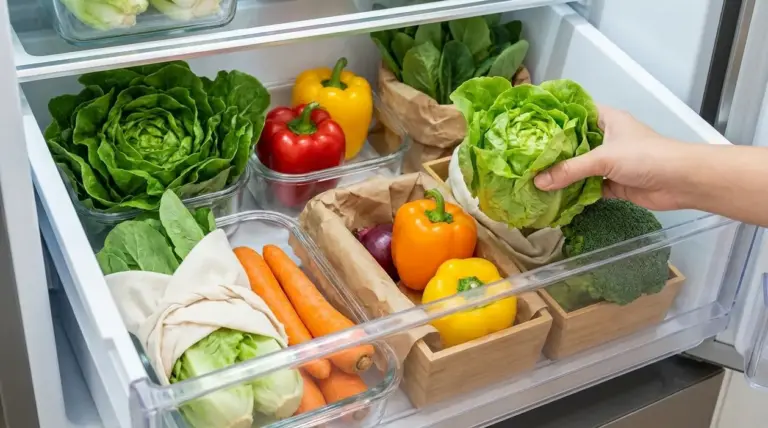 Verdure fresche in frigorifero conservate con panno e sacchetti di carta, senza pellicola né carta stagnola