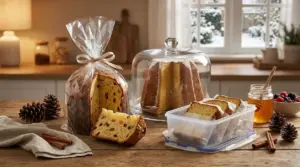 Panettone e pandoro conservati in sacchetto, campana di vetro e contenitore ermetico su tavolo in cucina