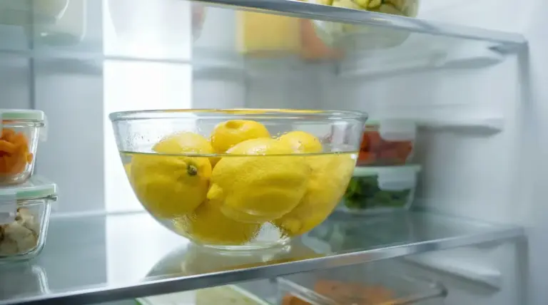 Limoni immersi in una ciotola di vetro con acqua all'interno di un frigorifero
