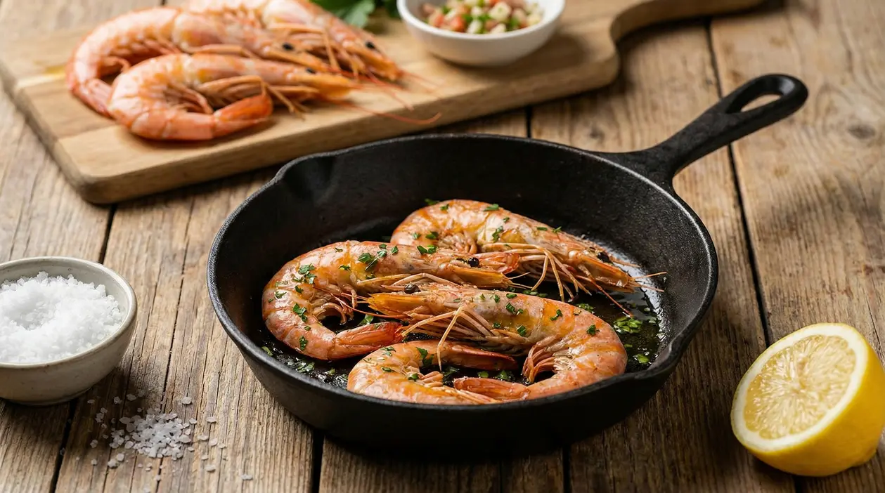 Mazzancolle cotte in padella di ghisa con prezzemolo su un tavolo rustico di legno