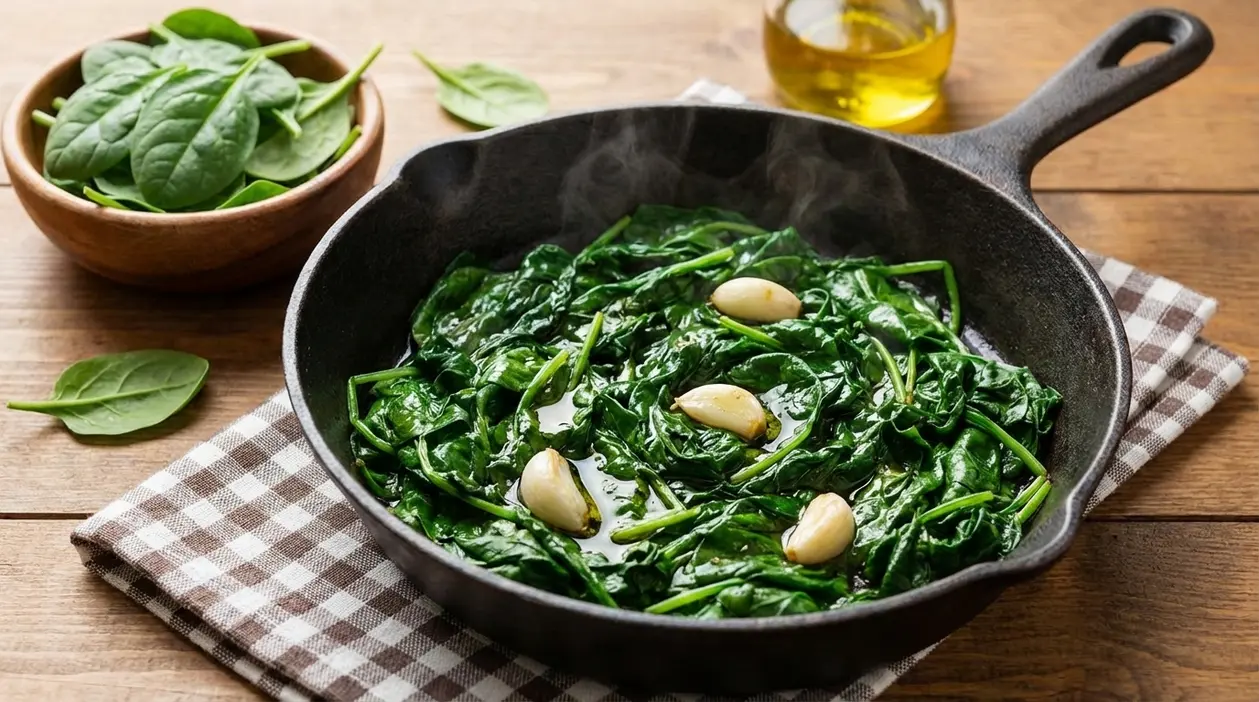 Spinaci saltati in padella con spicchi d’aglio e olio extravergine su tavolo di legno