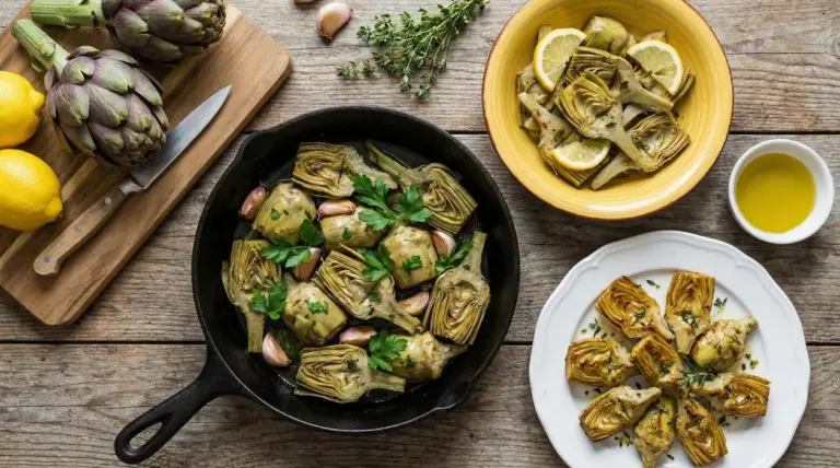 Carciofi cotti in padella con aglio e prezzemolo, con limoni e olio su tavolo di legno