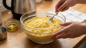 Una persona sgranando il cous cous cotto in una ciotola di vetro su un piano da cucina