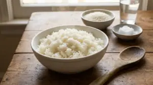 Ciotola di riso cotto su un tavolo di legno con altri ingredienti