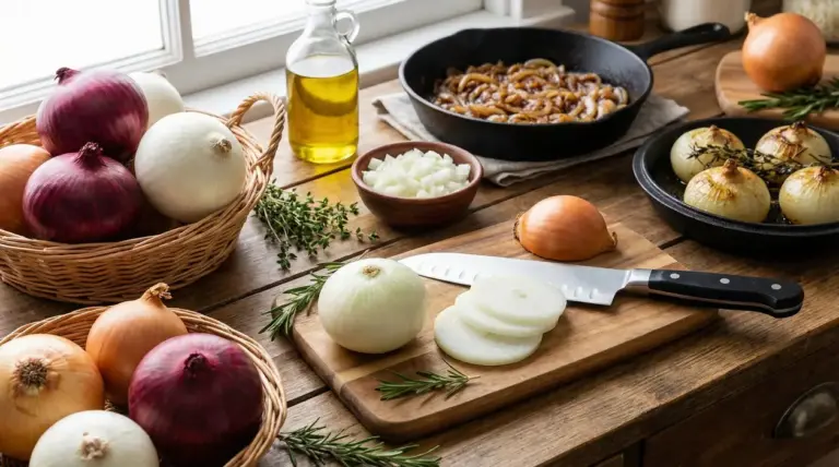 Cipolle rosse, bianche e dorate con tagliere e padella, tra cipolle affettate e cipolle arrostite in cucina