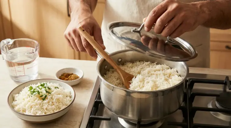 Persona che cuoce riso basmati in una pentola su un fornello