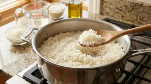 Pentola con riso bianco cotto e cucchiaio di legno in cucina, per un risultato morbido e non attaccato