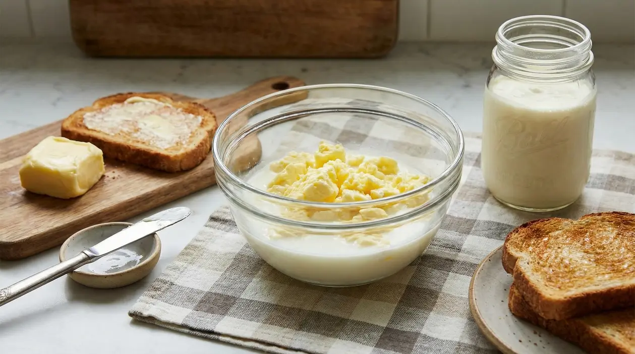 Ciotola con burro fatto in casa, panna, fette di pane tostato e burro su tagliere