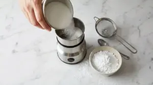 Mano versa zucchero semolato in un macinatore per preparare zucchero a velo fatto in casa
