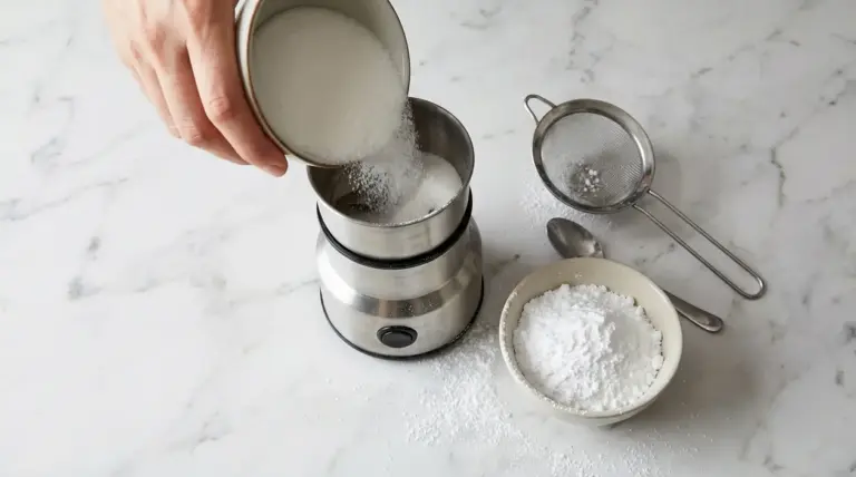 Mano versa zucchero semolato in un macinatore per preparare zucchero a velo fatto in casa
