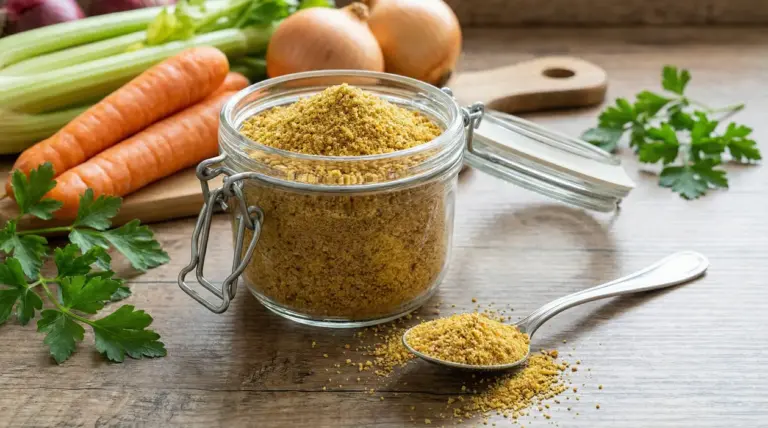 Barattolo di dado granulare fatto in casa con cucchiaio, accanto a carote, sedano, cipolla e prezzemolo