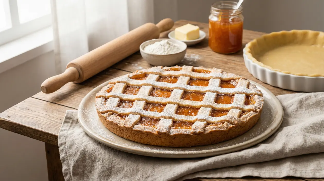 Crostata alla marmellata con pasta frolla su un tavolo rustico accanto agli ingredienti