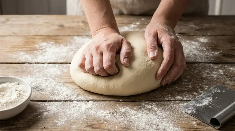Mani che impastano a mano un panetto di pasta su un piano infarinato