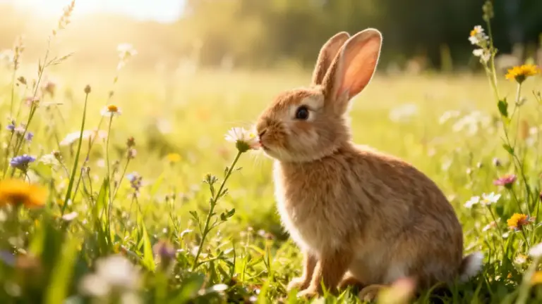 Coniglio marrone seduto su un prato fiorito in una giornata di sole