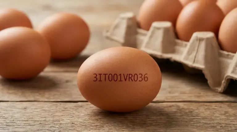 Uovo su tavolo di legno con codice stampato sul guscio, con altre uova e portauova sullo sfondo