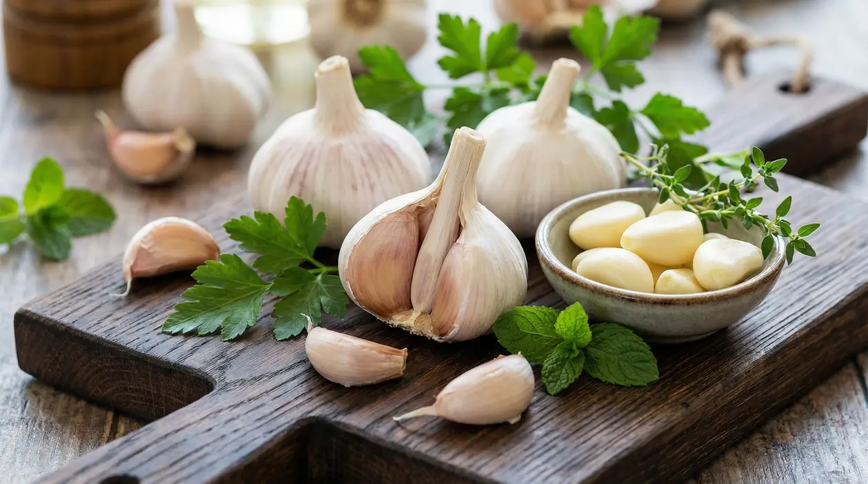 Teste e spicchi d'aglio su un tagliere con erbe aromatiche fresche