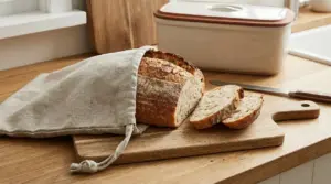 Filone di pane artigianale in sacchetto di stoffa su tagliere, con fette tagliate in cucina