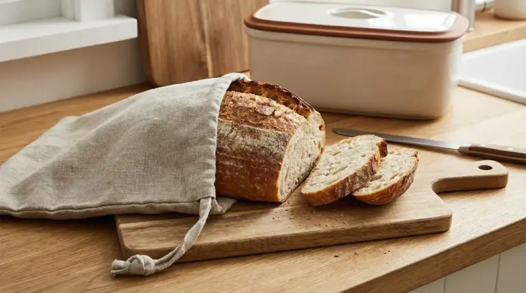 Filone di pane artigianale in sacchetto di stoffa su tagliere, con fette tagliate in cucina