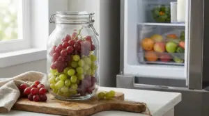 Barattolo di vetro con uva rossa e verde in cucina, vicino al frigorifero aperto