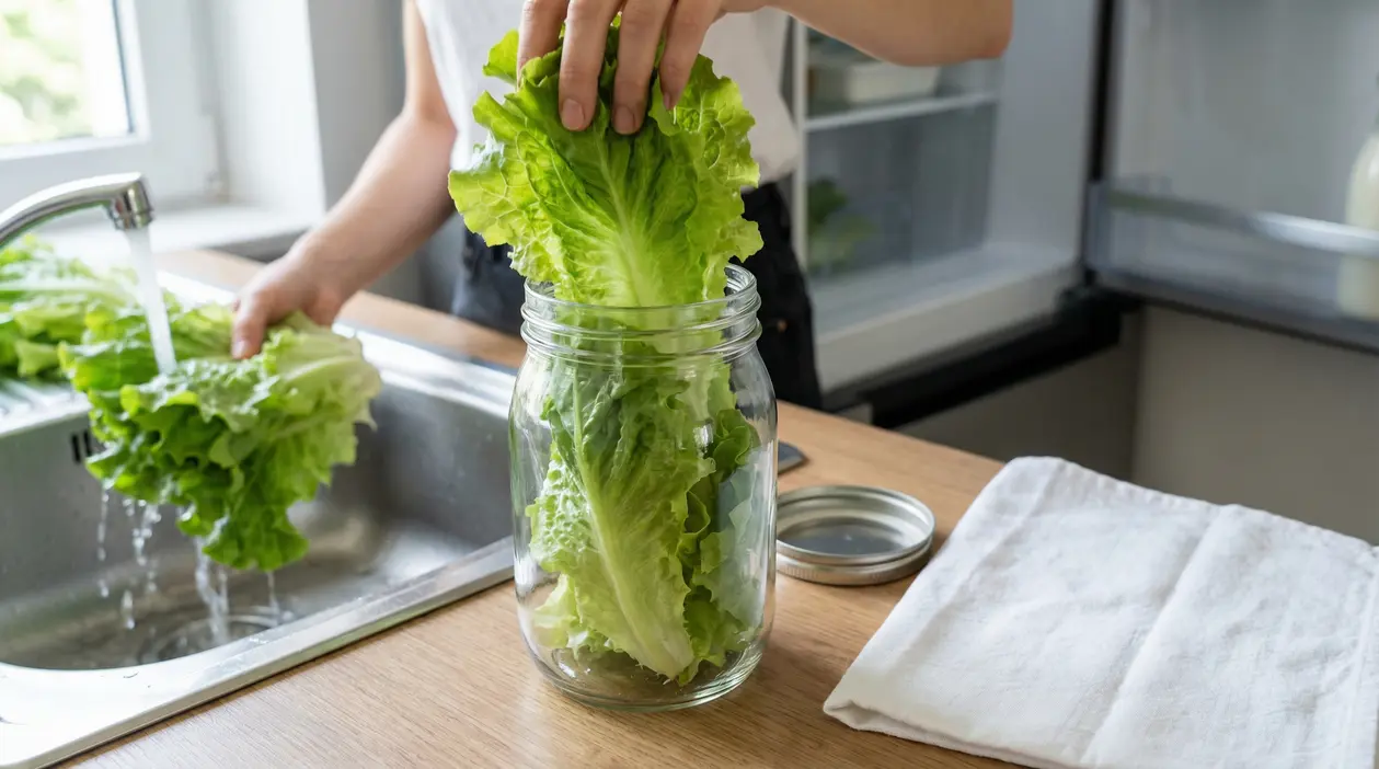 Una persona inserisce foglie di lattuga in un barattolo di vetro vicino a un lavandino