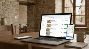 Computer portatile e smartphone con schermate di prenotazione b&b economici su un tavolo in legno