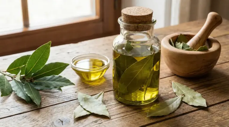 Barattolo di oleolito di alloro con foglie in infusione su tavolo di legno, con ciotolina d’olio e mortaio