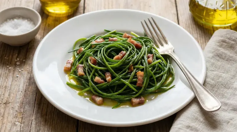 Piatto di barba di frate con pancetta e olio extravergine su tavolo di legno