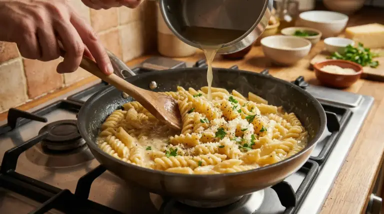 Preparazione della pasta risottata in padella con brodo e formaggio grattugiato